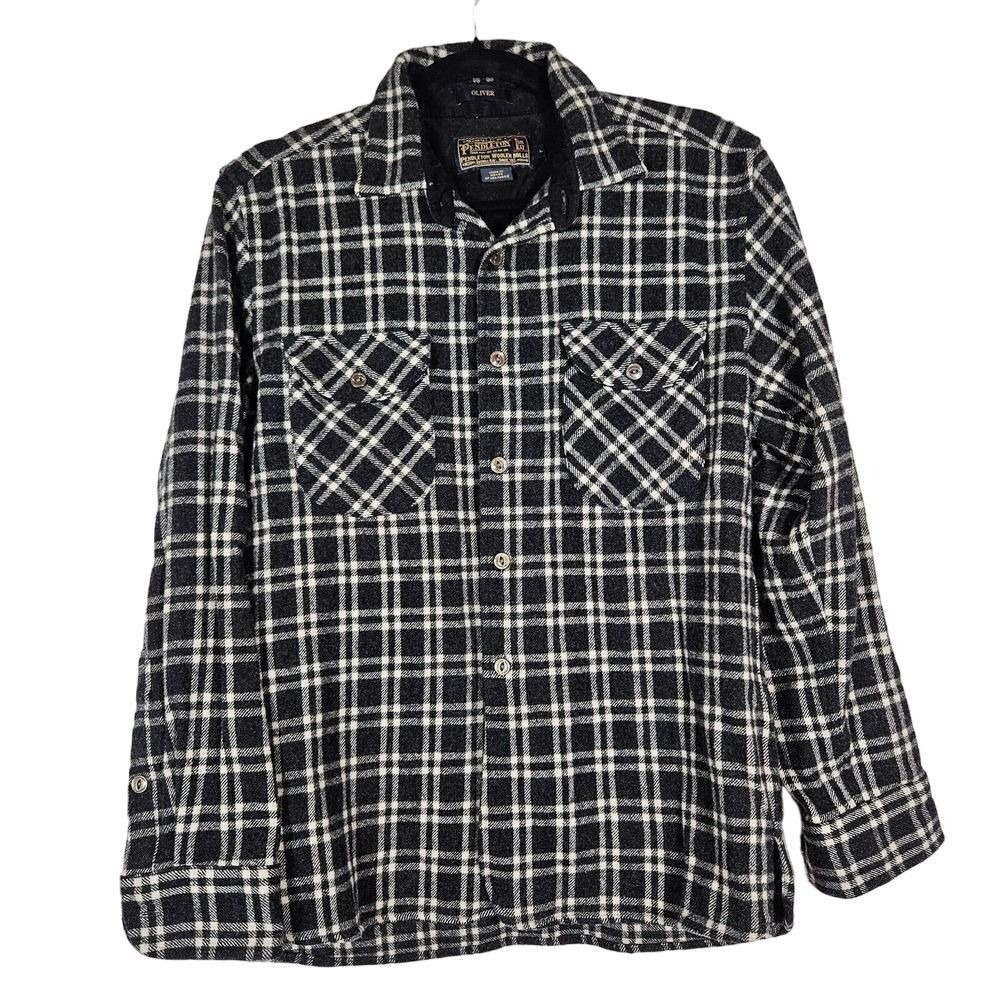 VTG Pendleton Oliver Wool Shirt Mens S Black White Plaid Flannel Outdoors Lumber